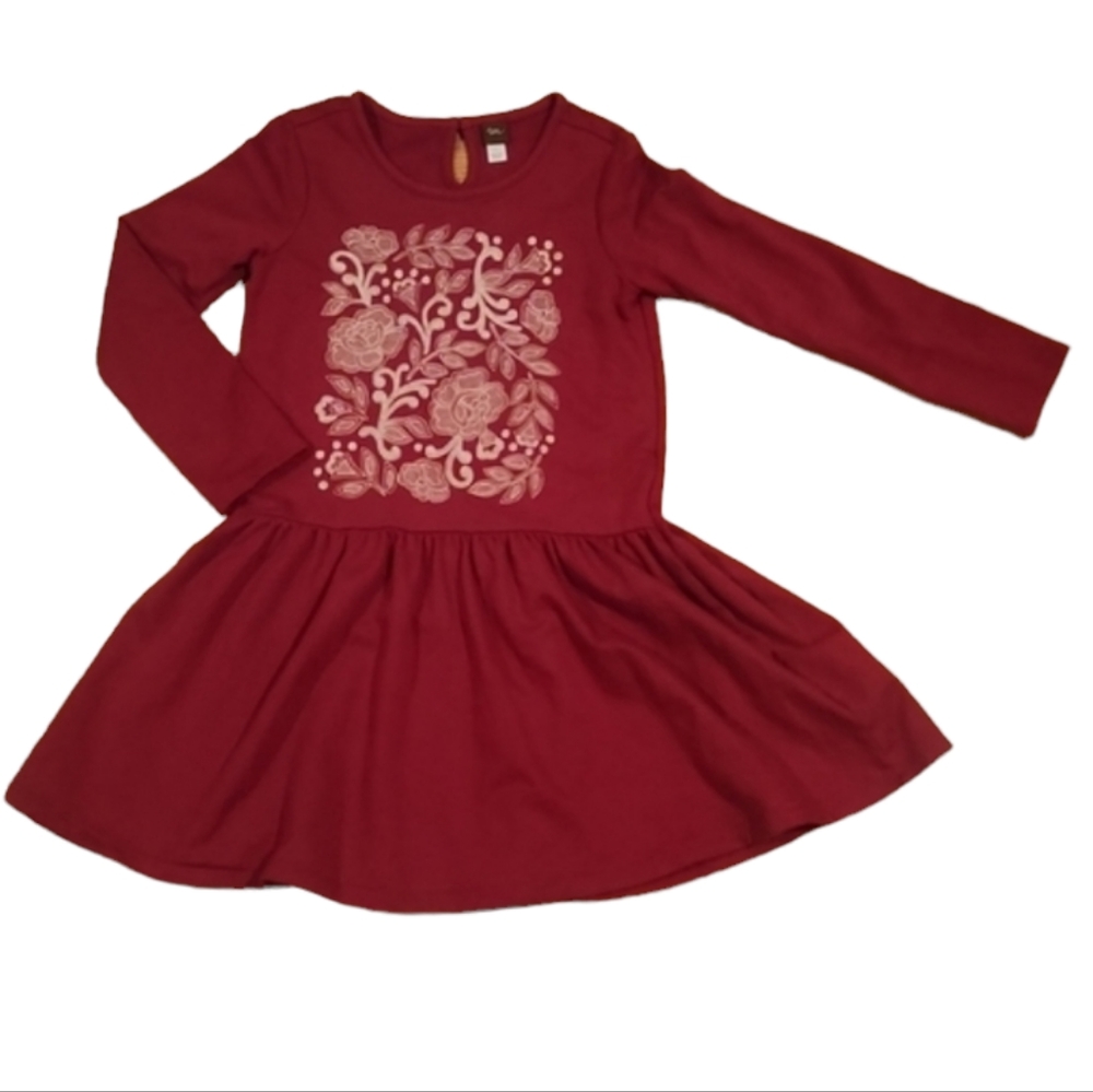 Tea Collection Red Dress with White Floral Embroidery